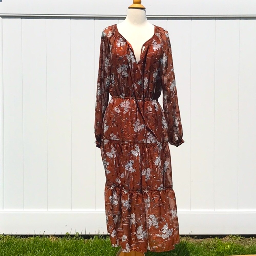 NWT FIRST MONDAY Copper and White Floral Midi Ruffle Dress Size Medium